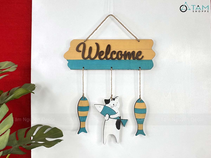 Bảng Welcome Mèo Cá PCB [Bằng gỗ - ĐK 30cm] BTC-WEL-09